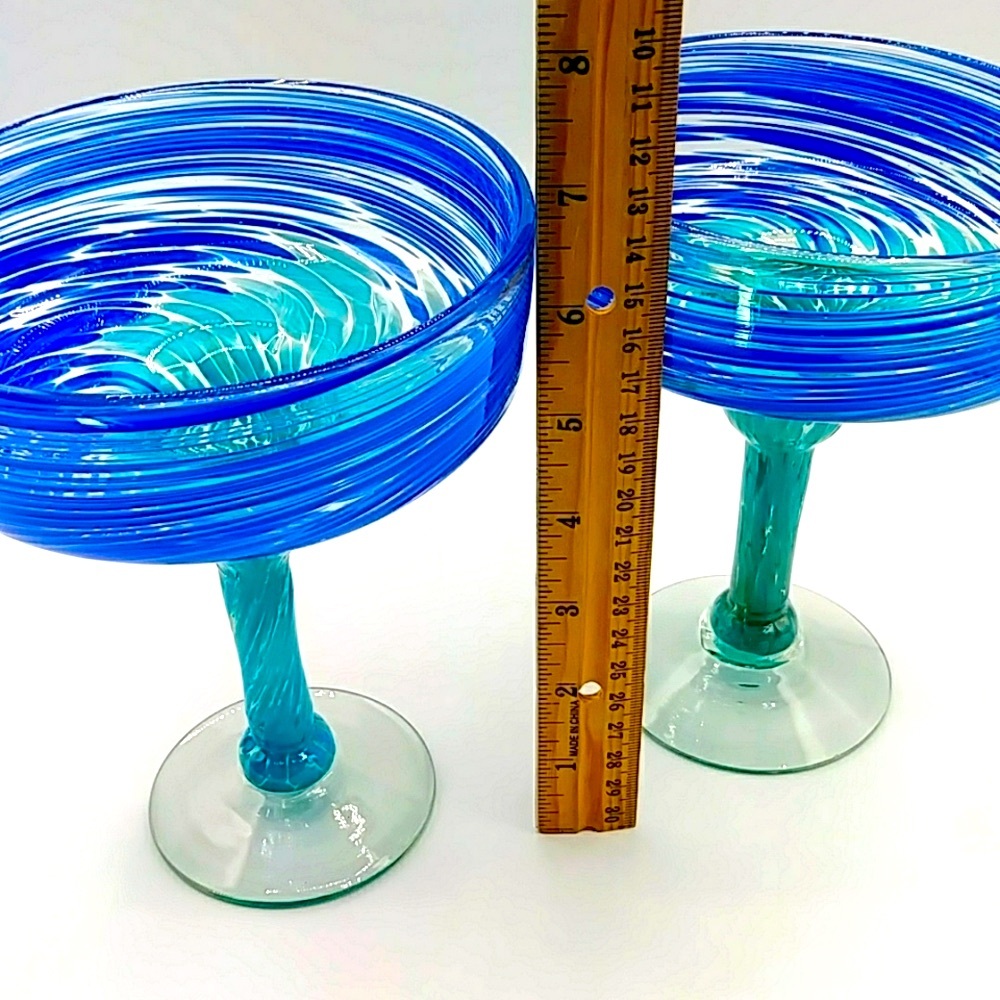 2 Hand Blown Margarita Glasses. Blue & Green Swirls. - Picture 8 of 8
